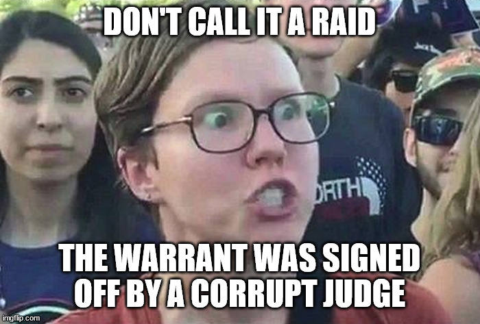 Triggered Liberal | DON'T CALL IT A RAID THE WARRANT WAS SIGNED OFF BY A CORRUPT JUDGE | image tagged in triggered liberal | made w/ Imgflip meme maker