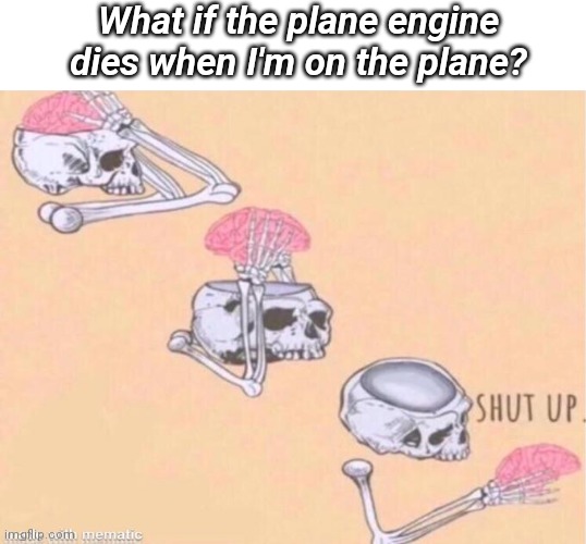 Uh oh |  What if the plane engine dies when I'm on the plane? | image tagged in skeleton shut up meme | made w/ Imgflip meme maker