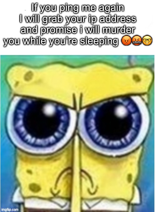 Angry spongebob blank | If you ping me again I will grab your ip address and promise i will murder you while you’re sleeping 😡🤬🤓 | image tagged in angry spongebob blank | made w/ Imgflip meme maker