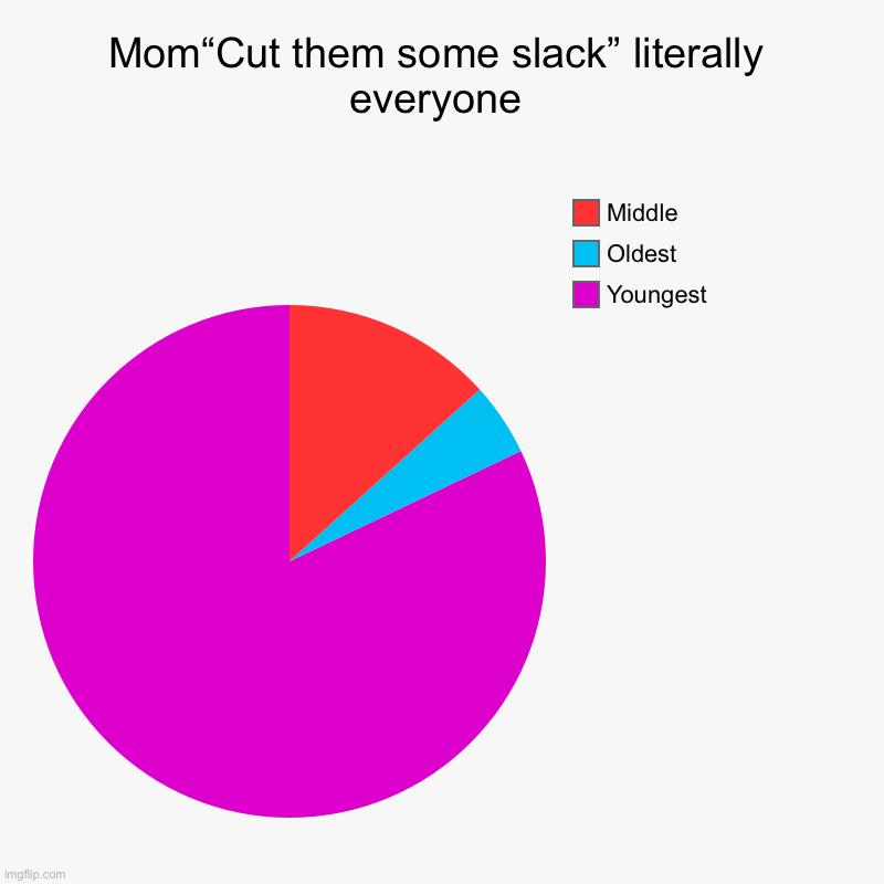 “Siiiiiiggggggghhhhhh” | Mom“Cut them some slack” literally everyone | Youngest, Oldest, Middle | image tagged in charts,pie charts,lol,this is my life | made w/ Imgflip chart maker
