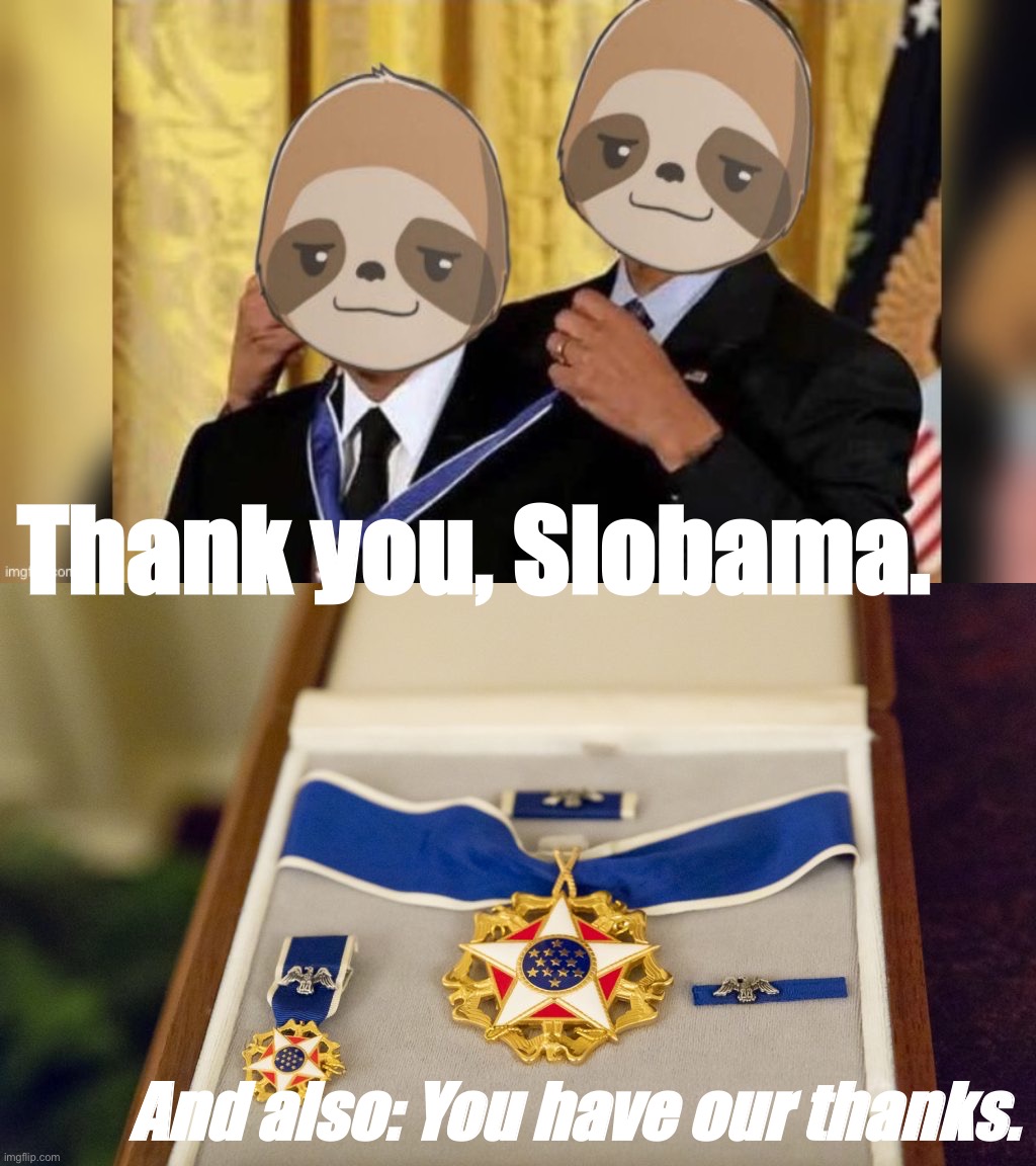 By interim Presidential decree, Slobama receives the Presidential Medal of Freedom. | Thank you, Slobama. And also: You have our thanks. | image tagged in sloth award,s,l,o,t,h | made w/ Imgflip meme maker