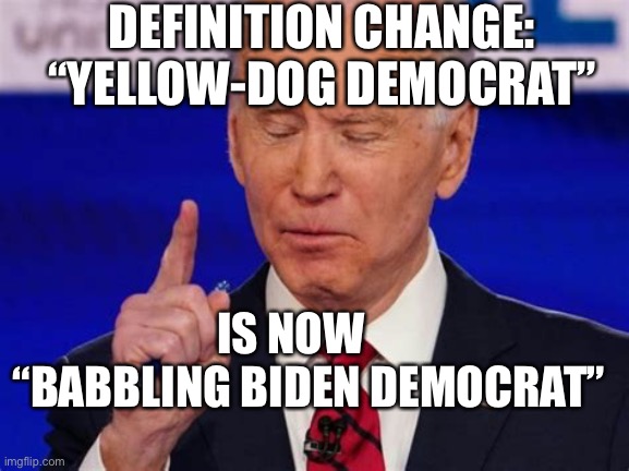 Babbling Biden, pride of the Democrat Party | DEFINITION CHANGE: “YELLOW-DOG DEMOCRAT”; IS NOW      “BABBLING BIDEN DEMOCRAT” | image tagged in sad joe biden,biden,democrats,dementia,incompetence | made w/ Imgflip meme maker
