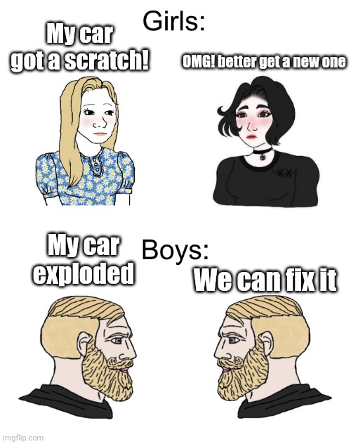 Meme #78 |  My car got a scratch! OMG! better get a new one; My car exploded; We can fix it | image tagged in boys girls,cars,explode,memes,funny,boys vs girls | made w/ Imgflip meme maker