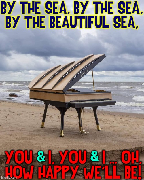 My Idea of a Great Dream! |  BY THE SEA, BY THE SEA,
BY THE BEAUTIFUL SEA, YOU    I, YOU    I ... OH,
HOW HAPPY WE'LL BE! &; & | image tagged in vince vance,piano,music,memes,sea,ocean | made w/ Imgflip meme maker