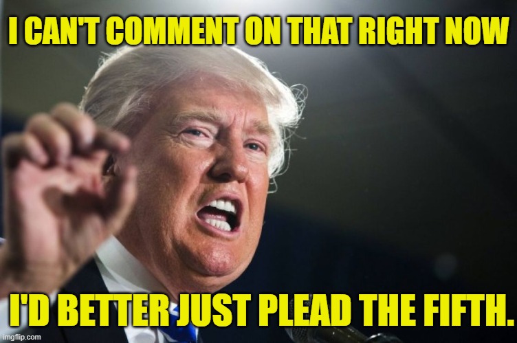 donald trump | I CAN'T COMMENT ON THAT RIGHT NOW I'D BETTER JUST PLEAD THE FIFTH. | image tagged in donald trump | made w/ Imgflip meme maker