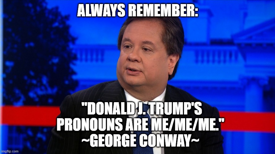 Conway Quote | ALWAYS REMEMBER:; "DONALD J. TRUMP'S PRONOUNS ARE ME/ME/ME."
~GEORGE CONWAY~ | image tagged in george conway,donald trump,pronouns,me,quotes | made w/ Imgflip meme maker