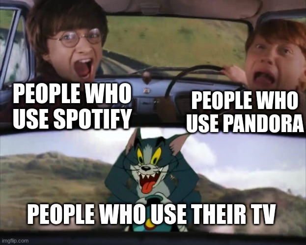 sorry it's been awhile since my last upload, i don't really plan on coming back tbh |  PEOPLE WHO USE SPOTIFY; PEOPLE WHO USE PANDORA; PEOPLE WHO USE THEIR TV | image tagged in tom from t j chasing harry and ron | made w/ Imgflip meme maker