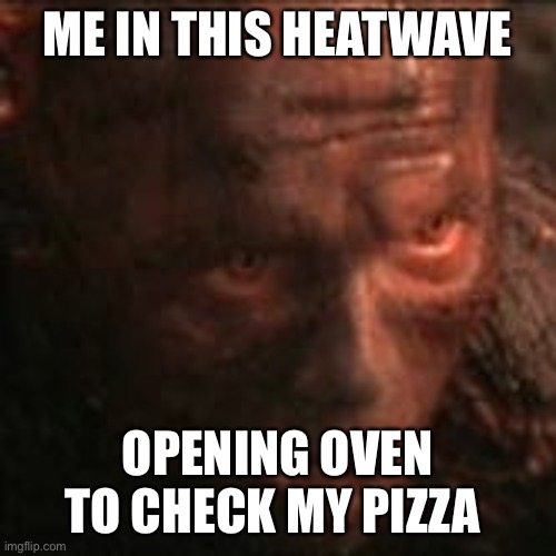 Anakin checks pizza in oven |  ME IN THIS HEATWAVE; OPENING OVEN TO CHECK MY PIZZA | image tagged in heatwave,anakin skywalker,starwars,revenge of the sith,darth vader | made w/ Imgflip meme maker