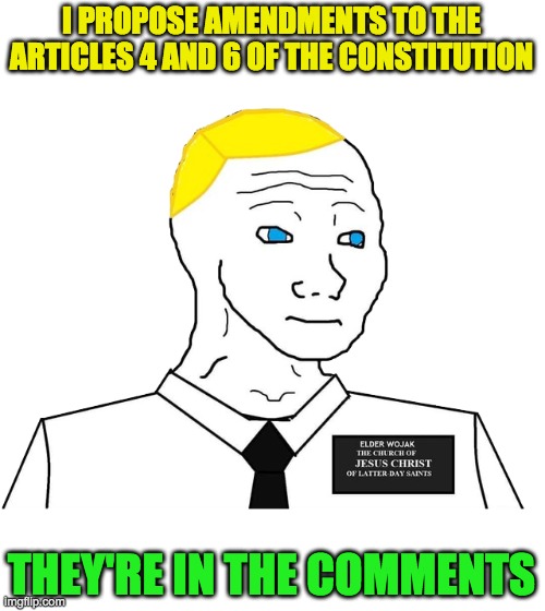 I've put a lot more time and effort into this. I've made two formally-written amendments, each with a justification. | I PROPOSE AMENDMENTS TO THE ARTICLES 4 AND 6 OF THE CONSTITUTION; THEY'RE IN THE COMMENTS | image tagged in mormon wojak,congress | made w/ Imgflip meme maker