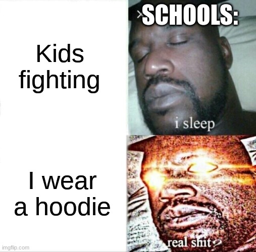 I sleep |  Kids fighting; SCHOOLS:; I wear a hoodie | image tagged in memes,sleeping shaq,funny,meme,shaq,comedy | made w/ Imgflip meme maker