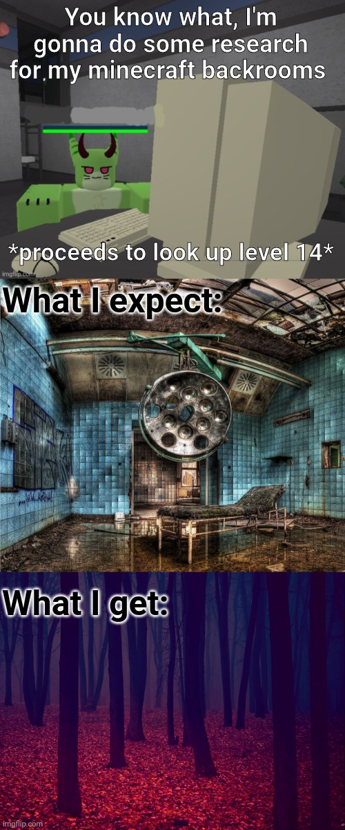Horray for more trap levels *sarcasm* | You know what, I'm gonna do some research for my minecraft backrooms; *proceeds to look up level 14*; What I expect:; What I get: | image tagged in watermelon shork at the compoter | made w/ Imgflip meme maker