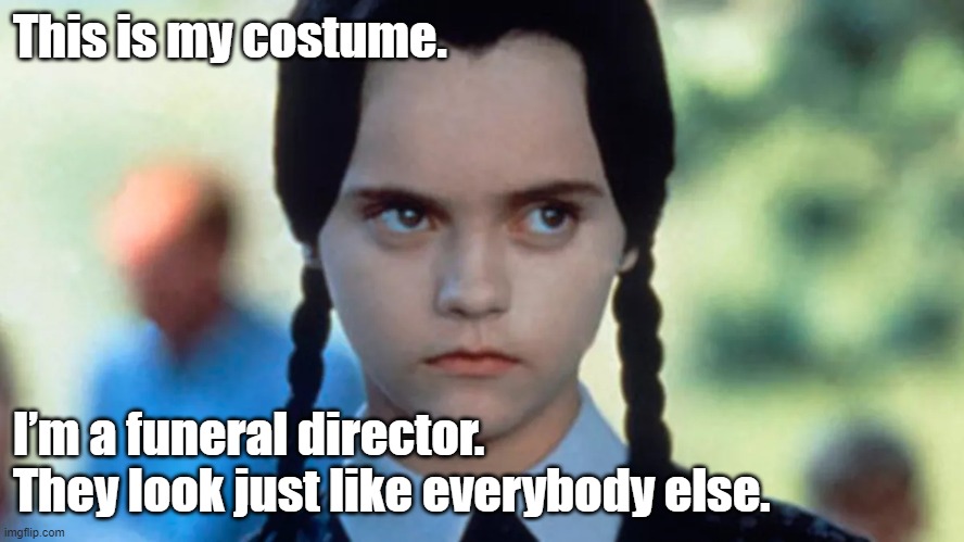 Funeral director | This is my costume. I’m a funeral director. 
They look just like everybody else. | image tagged in wednesday addams | made w/ Imgflip meme maker