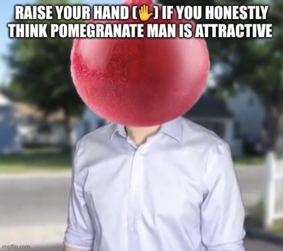 pomogranite man | RAISE YOUR HAND (✋) IF YOU HONESTLY THINK POMEGRANATE MAN IS ATTRACTIVE | image tagged in pomogranite man | made w/ Imgflip meme maker