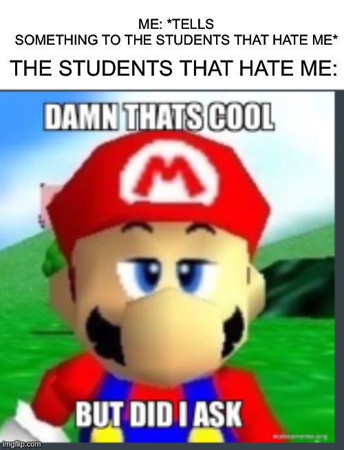 Damn that's cool, but did I ask? | ME: *TELLS SOMETHING TO THE STUDENTS THAT HATE ME*; THE STUDENTS THAT HATE ME: | image tagged in damn that's cool but did i ask | made w/ Imgflip meme maker