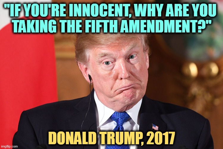 Yeah, why? | "IF YOU'RE INNOCENT, WHY ARE YOU 
TAKING THE FIFTH AMENDMENT?"; DONALD TRUMP, 2017 | image tagged in trump dumbfounded corrected,trump,guilty,testify,fifth amendment | made w/ Imgflip meme maker