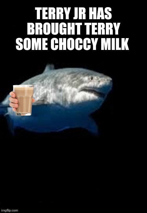 Terry the fat shark template | TERRY JR HAS BROUGHT TERRY SOME CHOCCY MILK | image tagged in terry the fat shark template | made w/ Imgflip meme maker