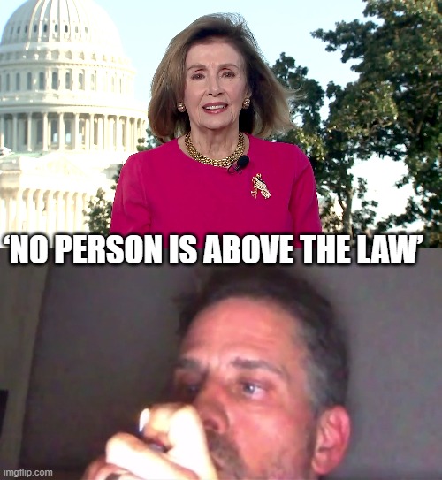 ‘No person is above the law’ | ‘NO PERSON IS ABOVE THE LAW’ | image tagged in hunter biden,nancy pelosi,biden | made w/ Imgflip meme maker