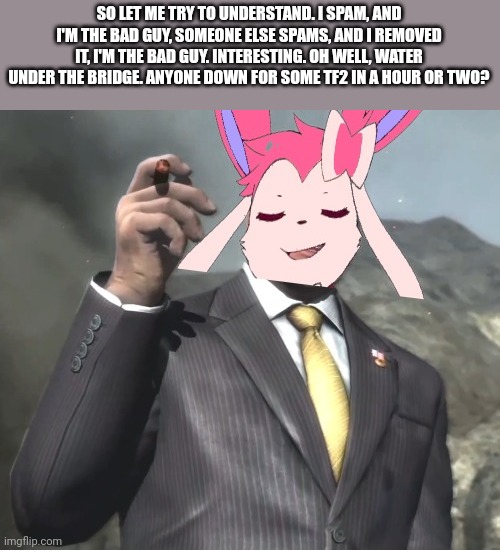 Senator sylveon. | SO LET ME TRY TO UNDERSTAND. I SPAM, AND I'M THE BAD GUY, SOMEONE ELSE SPAMS, AND I REMOVED IT, I'M THE BAD GUY. INTERESTING. OH WELL, WATER UNDER THE BRIDGE. ANYONE DOWN FOR SOME TF2 IN A HOUR OR TWO? | image tagged in senator sylveon | made w/ Imgflip meme maker