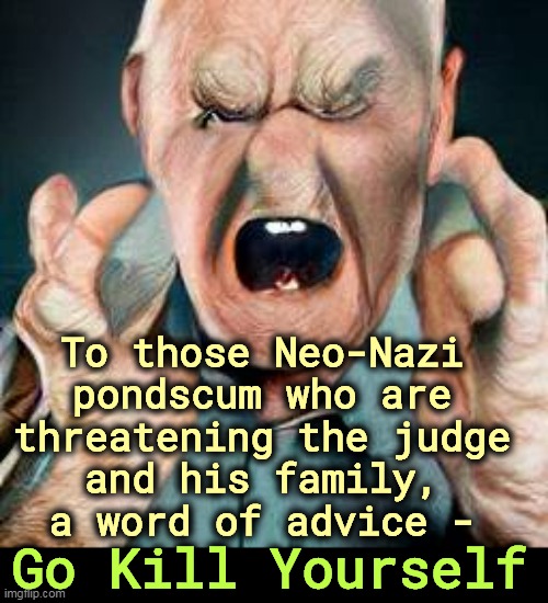 To those Neo-Nazi 
pondscum who are 
threatening the judge 
and his family, 
a word of advice -; Go Kill Yourself | image tagged in white supremacists,neo-nazis,anti-semitism,threats,kill yourself | made w/ Imgflip meme maker