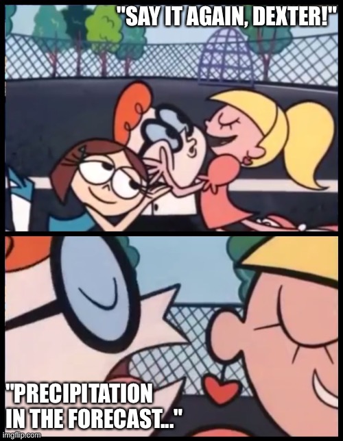 We're baking down here | "SAY IT AGAIN, DEXTER!"; "PRECIPITATION IN THE FORECAST..." | image tagged in memes,say it again dexter,rain,climate | made w/ Imgflip meme maker