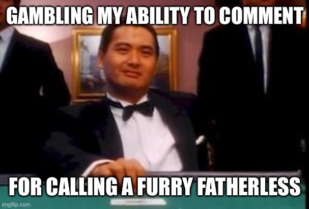 god of gamblers | GAMBLING MY ABILITY TO COMMENT; FOR CALLING A FURRY FATHERLESS | image tagged in god of gamblers | made w/ Imgflip meme maker