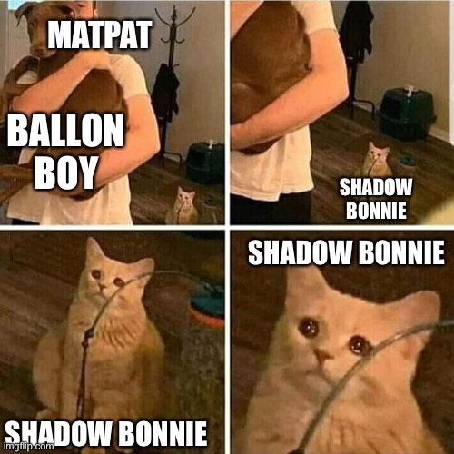 We need a theory about him | MATPAT; BALLON BOY; SHADOW BONNIE; SHADOW BONNIE; SHADOW BONNIE | image tagged in sad cat holding dog,fnaf,shadowbonnie,matpat | made w/ Imgflip meme maker