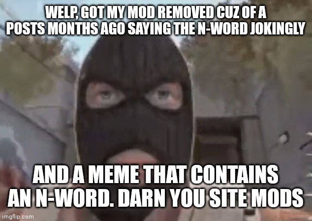 blogol | WELP, GOT MY MOD REMOVED CUZ OF A POSTS MONTHS AGO SAYING THE N-WORD JOKINGLY; AND A MEME THAT CONTAINS AN N-WORD. DARN YOU SITE MODS | image tagged in blogol | made w/ Imgflip meme maker