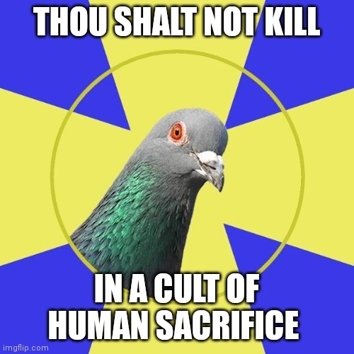 religion pigeon | THOU SHALT NOT KILL; IN A CULT OF HUMAN SACRIFICE | image tagged in religion pigeon,memes | made w/ Imgflip meme maker