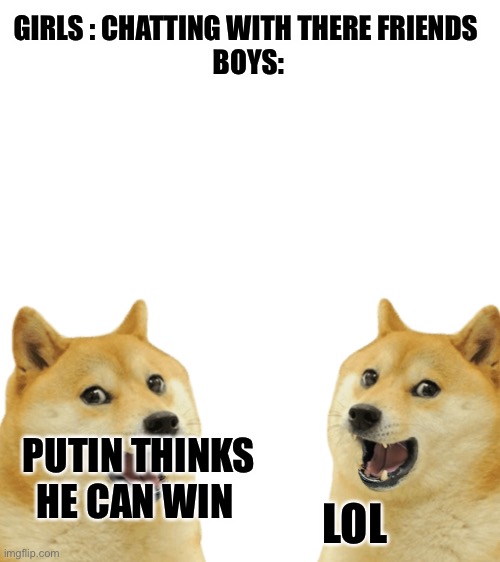 Blank White Template | GIRLS : CHATTING WITH THERE FRIENDS 
BOYS:; LOL; PUTIN THINKS HE CAN WIN | image tagged in blank white template,doge | made w/ Imgflip meme maker