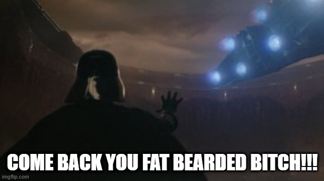 Vader...Spaceballs style | COME BACK YOU FAT BEARDED BITCH!!! | image tagged in vader grabs ship | made w/ Imgflip meme maker