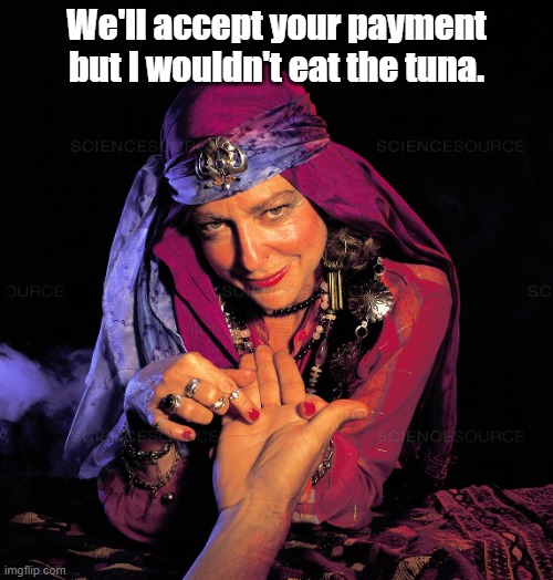 Palm reader | We'll accept your payment but I wouldn't eat the tuna. | image tagged in palm reader | made w/ Imgflip meme maker