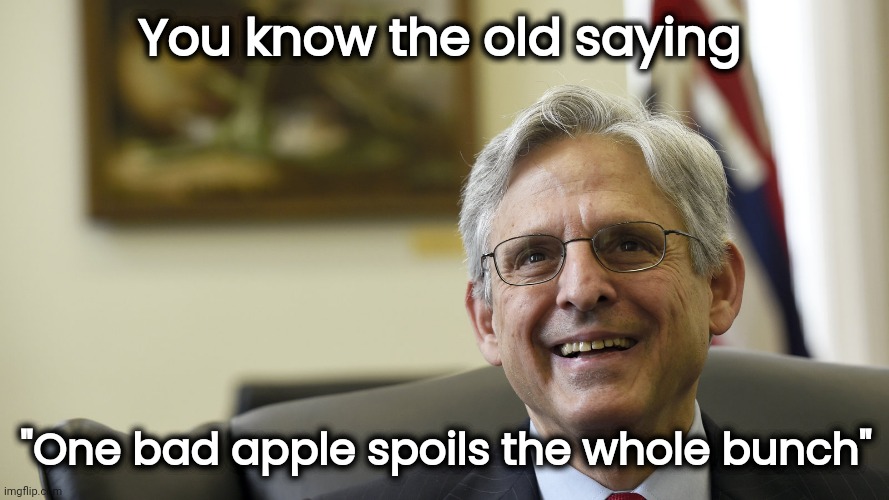 Merrick Garland | You know the old saying "One bad apple spoils the whole bunch" | image tagged in merrick garland | made w/ Imgflip meme maker