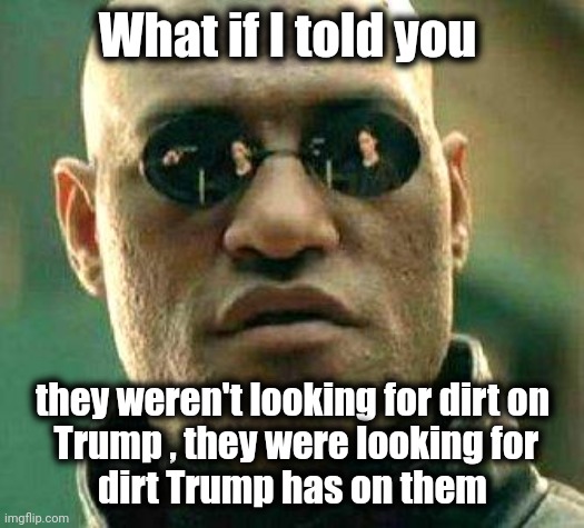 All the way back to the Impeachment , they have to stop him from investigating |  What if I told you; they weren't looking for dirt on
 Trump , they were looking for
 dirt Trump has on them | image tagged in what if i told you,politicians suck,government corruption,drain the swamp,not giving up | made w/ Imgflip meme maker