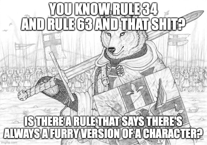 questions | YOU KNOW RULE 34 AND RULE 63 AND THAT SHIT? IS THERE A RULE THAT SAYS THERE'S ALWAYS A FURRY VERSION OF A CHARACTER? | image tagged in fursader | made w/ Imgflip meme maker
