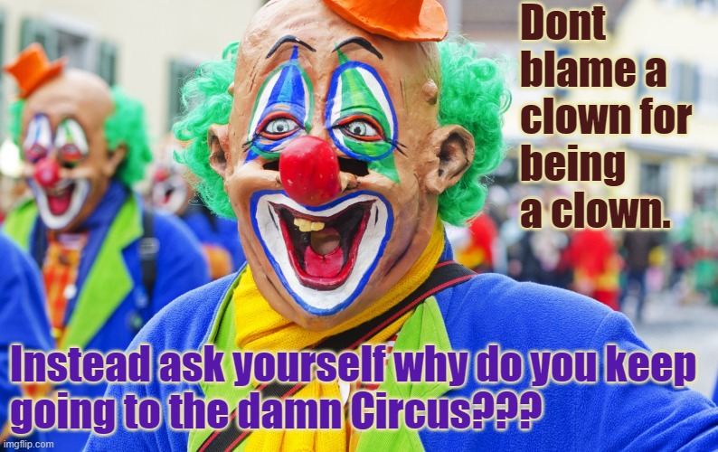 A clown will always be a clown | Dont blame a 
clown for 
being 
a clown. Instead ask yourself why do you keep
going to the damn Circus??? | image tagged in clown,crazy,circus | made w/ Imgflip meme maker