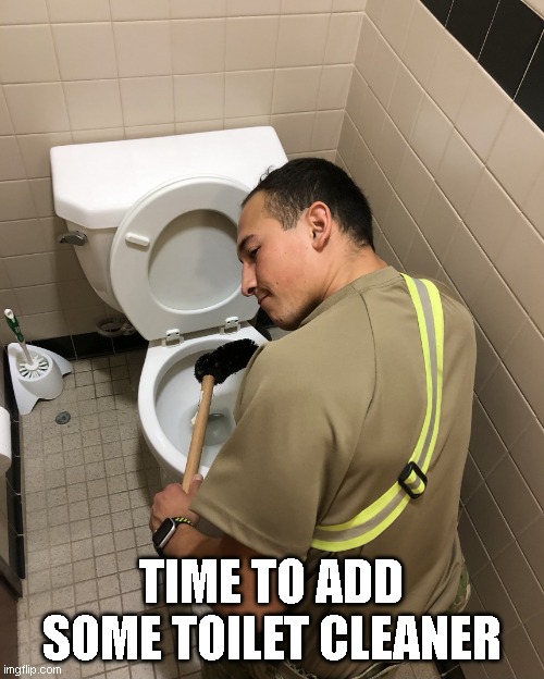 Toilet cleaning | TIME TO ADD SOME TOILET CLEANER | image tagged in toilet cleaning | made w/ Imgflip meme maker