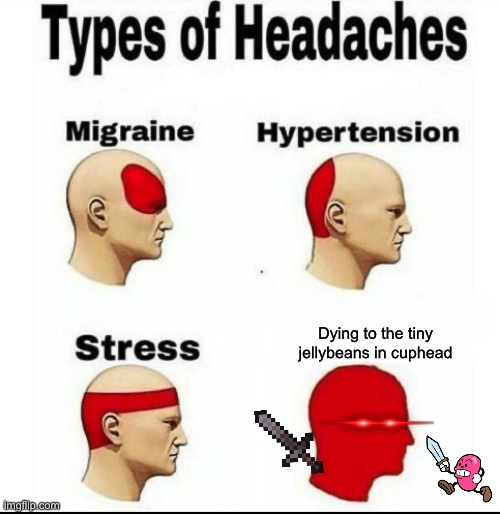 Cuphead is harder than dark souls | Dying to the tiny jellybeans in cuphead | image tagged in types of headaches meme | made w/ Imgflip meme maker