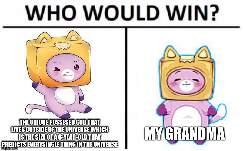 upvote so yt can see this | THE UNIQUE POSSESED GOD THAT LIVES OUTSIDE OF THE UNIVERSE WHICH IS THE SIZE OF A 6-YEAR-OLD THAT PREDICTS EVERYSINGLE THING IN THE UNIVERSE; MY GRANDMA | image tagged in memes,who would win | made w/ Imgflip meme maker