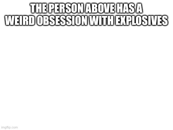 Blank White Template | THE PERSON ABOVE HAS A WEIRD OBSESSION WITH EXPLOSIVES | image tagged in blank white template | made w/ Imgflip meme maker