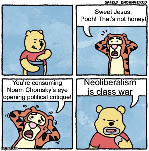 Public expenses. Private profits. | Sweet Jesus, Pooh! That’s not honey! You’re consuming Noam Chomsky’s eye opening political critique! Neoliberalism is class war | image tagged in that's not honey | made w/ Imgflip meme maker