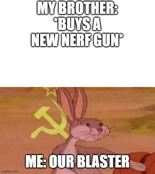 Our meme | MY BROTHER: *BUYS A NEW NERF GUN*; ME: OUR BLASTER | image tagged in our meme | made w/ Imgflip meme maker