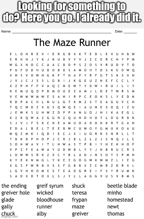 I found this three months ago and did it but then I forgot I had it. | Looking for something to do? Here you go. I already did it. | image tagged in not a meme,maze runner,entertainment | made w/ Imgflip meme maker