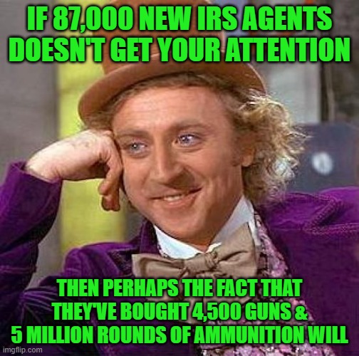 The real reason that they don't want the general public to have weapons. | IF 87,000 NEW IRS AGENTS DOESN'T GET YOUR ATTENTION; THEN PERHAPS THE FACT THAT THEY'VE BOUGHT 4,500 GUNS & 5 MILLION ROUNDS OF AMMUNITION WILL | image tagged in creepy condescending wonka,irs,guns,ammo,agents | made w/ Imgflip meme maker