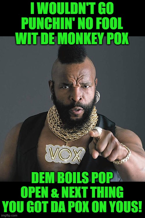 Mr T Pity The Fool Meme | I WOULDN'T GO PUNCHIN' NO FOOL WIT DE MONKEY POX DEM BOILS POP OPEN & NEXT THING YOU GOT DA POX ON YOUS! | image tagged in memes,mr t pity the fool | made w/ Imgflip meme maker