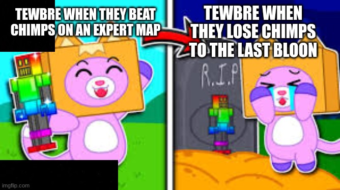 Tewbre chimps be like: | TEWBRE WHEN THEY LOSE CHIMPS TO THE LAST BLOON; TEWBRE WHEN THEY BEAT CHIMPS ON AN EXPERT MAP | image tagged in memes | made w/ Imgflip meme maker