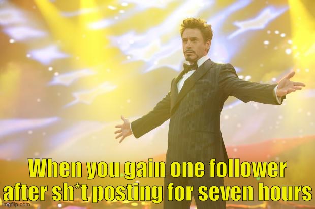 Tony Stark success | When you gain one follower after sh*t posting for seven hours | image tagged in tony stark success | made w/ Imgflip meme maker