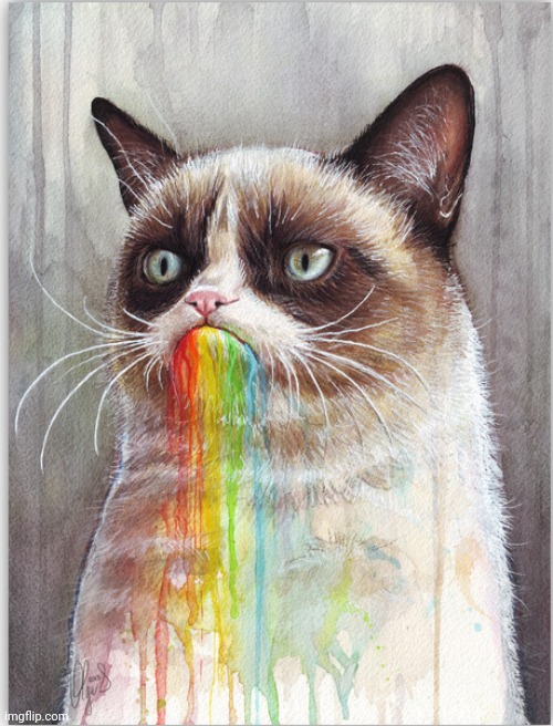 GRUMPY CAT EATS RAINBOWS | image tagged in grumpy cat eats rainbows | made w/ Imgflip meme maker