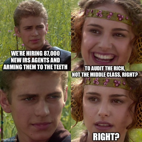 They’re coming for you, me, everyone … and they’re armed. | WE’RE HIRING 87,000 NEW IRS AGENTS AND ARMING THEM TO THE TEETH; TO AUDIT THE RICH, NOT THE MIDDLE CLASS, RIGHT? RIGHT? | image tagged in anakin padme 4 panel,irs | made w/ Imgflip meme maker