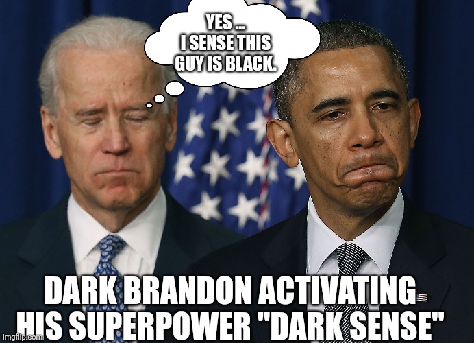 Dark Brandon Using "Dark Sense" | YES ... I SENSE THIS GUY IS BLACK. DARK BRANDON ACTIVATING HIS SUPERPOWER "DARK SENSE" | image tagged in joe biden,barack obama,superheroes | made w/ Imgflip meme maker