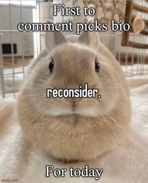 reconsider | First to comment picks bio; For today | image tagged in reconsider | made w/ Imgflip meme maker